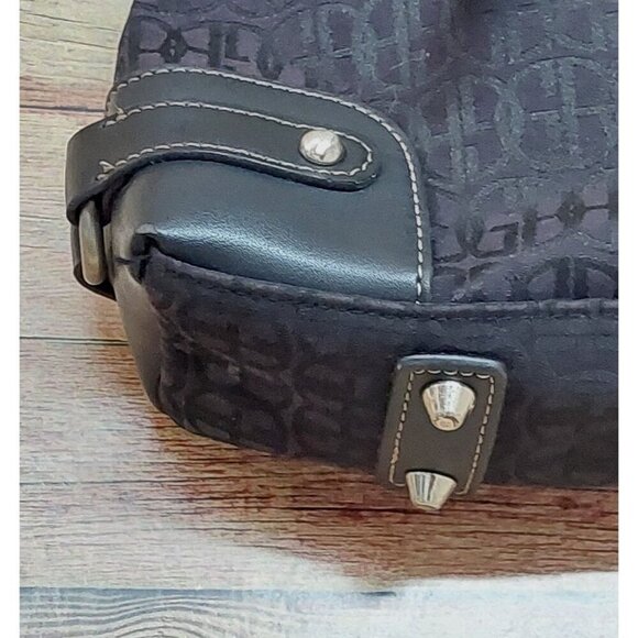 Gianni Bini Black Baguette Signature Print Leather Accent Shoulder Bag Purse - Picture 5 of 10